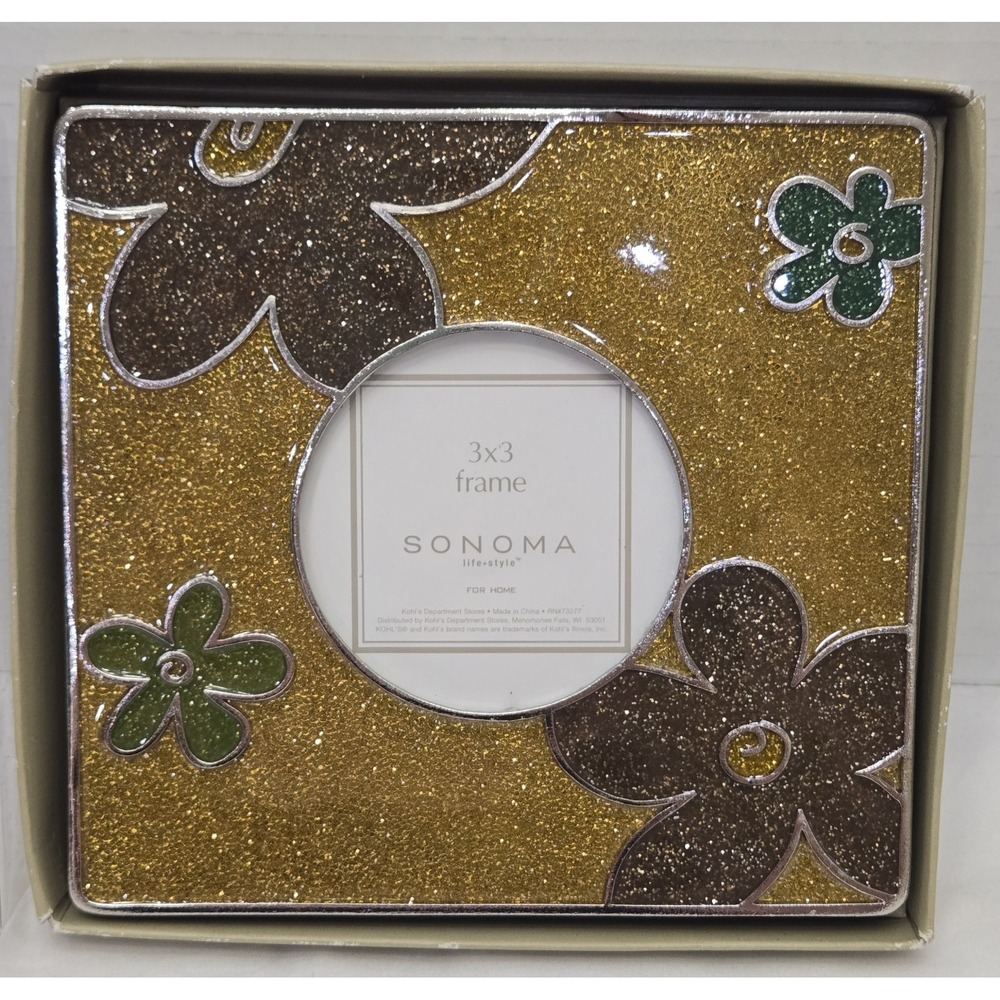 Sonoma Life + Style 3x3 Photo Frame - Floral Glitter Metal - New In Box (NIB)‎